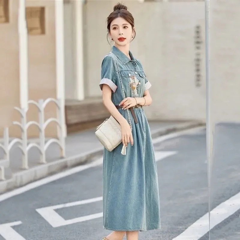 早期品切れ間近★韓国人気【 JEANS】Embroidered Dress High-End Embroidery Jean Dress Women 2025 New Fashion Summer