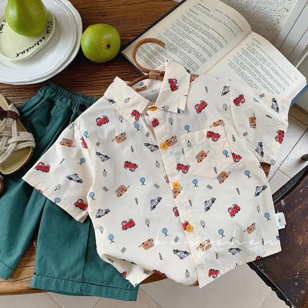 

Korean Summer 2-6 Year Baby Boys T Shirt Single Breasted Cartoon Car Print Cotton Baby Boys Shirt Turn Down Collar Kid Boys Tops