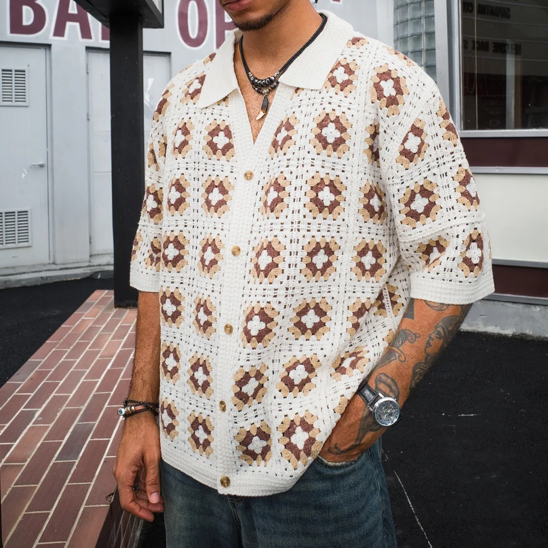 Men's Short Sleeve Summer Fashion Mesh Cardigan Lapel Top