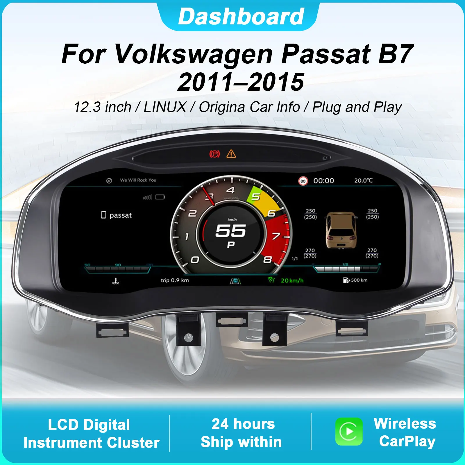 Panel de Instrumentos Digital para Volkswagen Passat B7 2011-2015, Velocímetro con Pantalla HD de 12.3” 1920*720, Compatible con CarPlay, Plug&Play 1