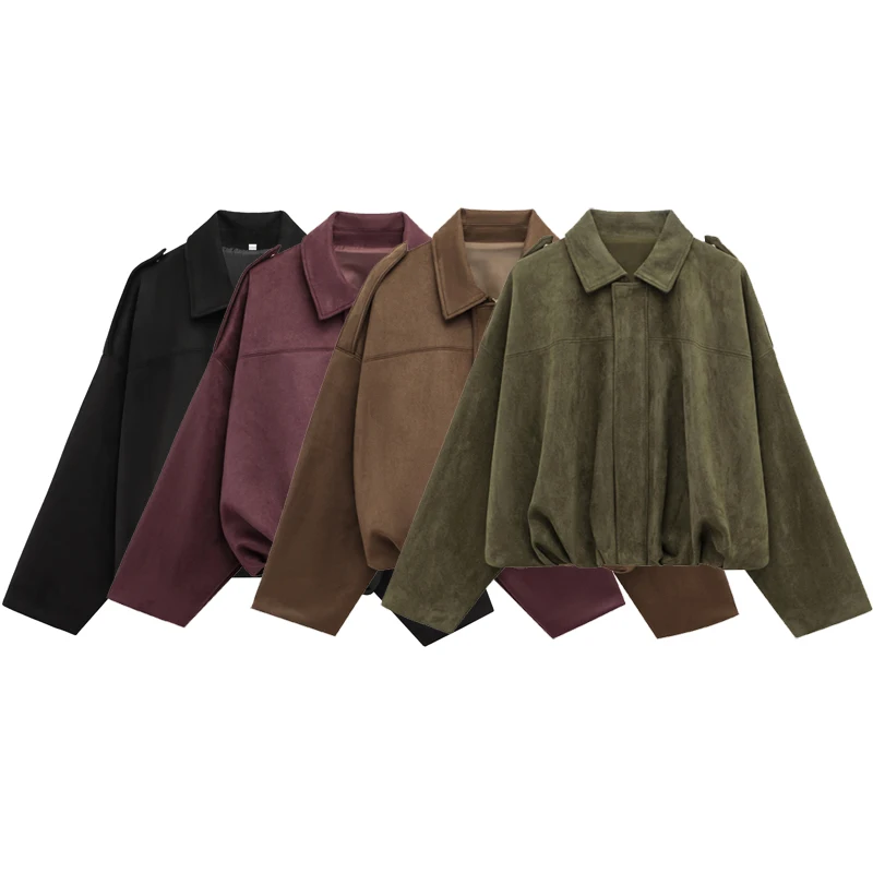 HXAO Women' Bomber Jacket Lapel Long Sleeve Zipper Suede Women High Street...