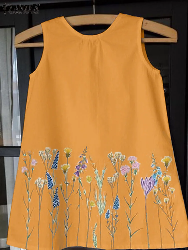 

Винтажные праздничные майки ZANZEA, летняя богемная Цветочная блузка, Женская майка, повседневные Блузы без рукавов с круглым вырезом, Женская пляжная рубашка