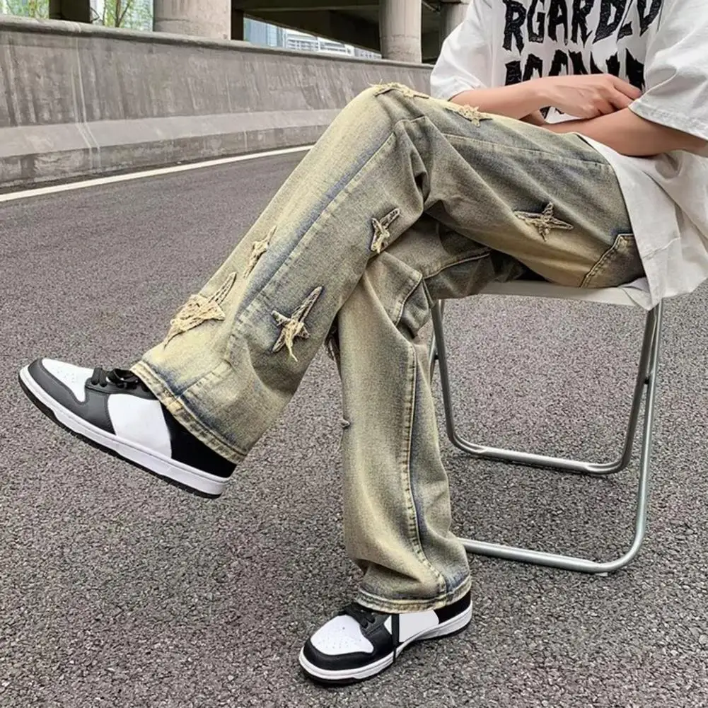 

Men Denim Jeans Gradient Color Splicing Men's Denim Pants with Distressed Cross Pattern Slight Flared Trousers Wide Leg for Men