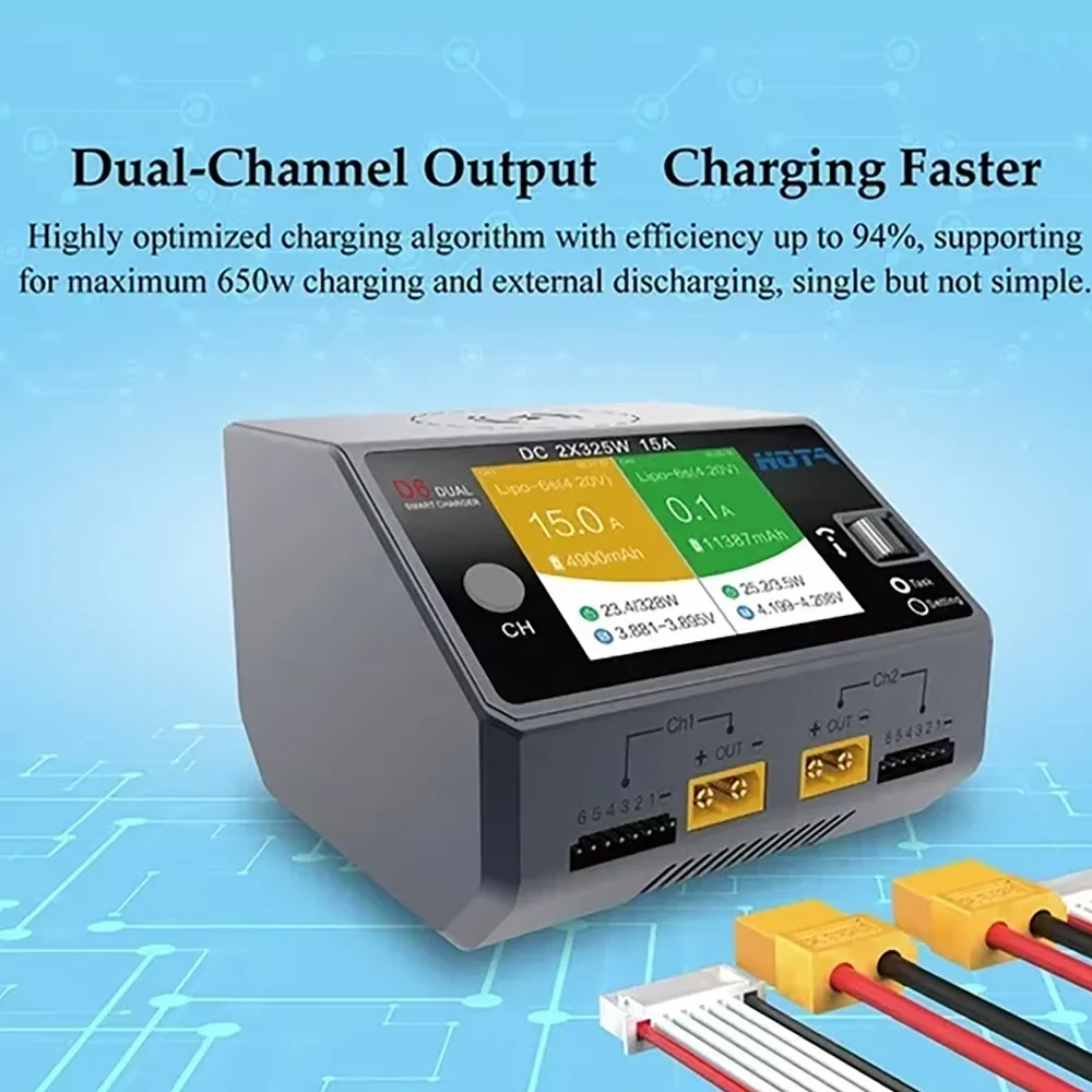 HOTA D6 Dual DC650W 15A 2 Channel Smart Charger for Lipo LiIon NiMH Battery Rc Drone Spare Parts with Wireless Charging thumbnail 2