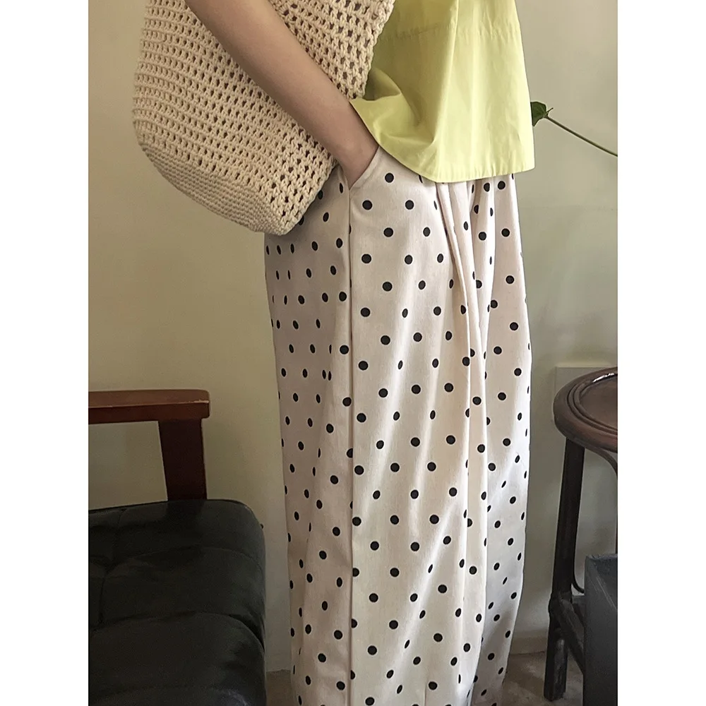 Women Clothing Polka Dot Loose Wide-leg Pants 2024 Summer New Fashionable High-waisted Straight Leg Full Length Casual Pants
