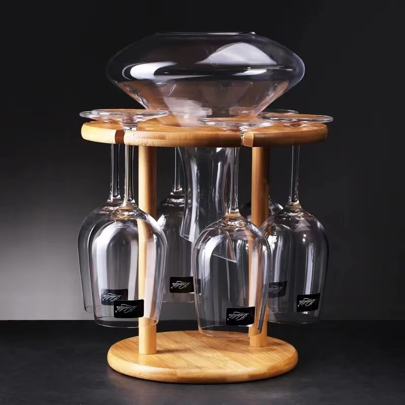 6 glass glasses 1 bamboo wine rack Wine Glass Drying Rack Bamboo Storage wine holder home and kitchen JUTUNZHU