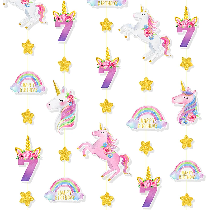 Unicorn 7th Birthday Party Banner Decorations for Girls Garland Streamer Backdrop Number 7 Happy Birthday 7 Years Old Supplies