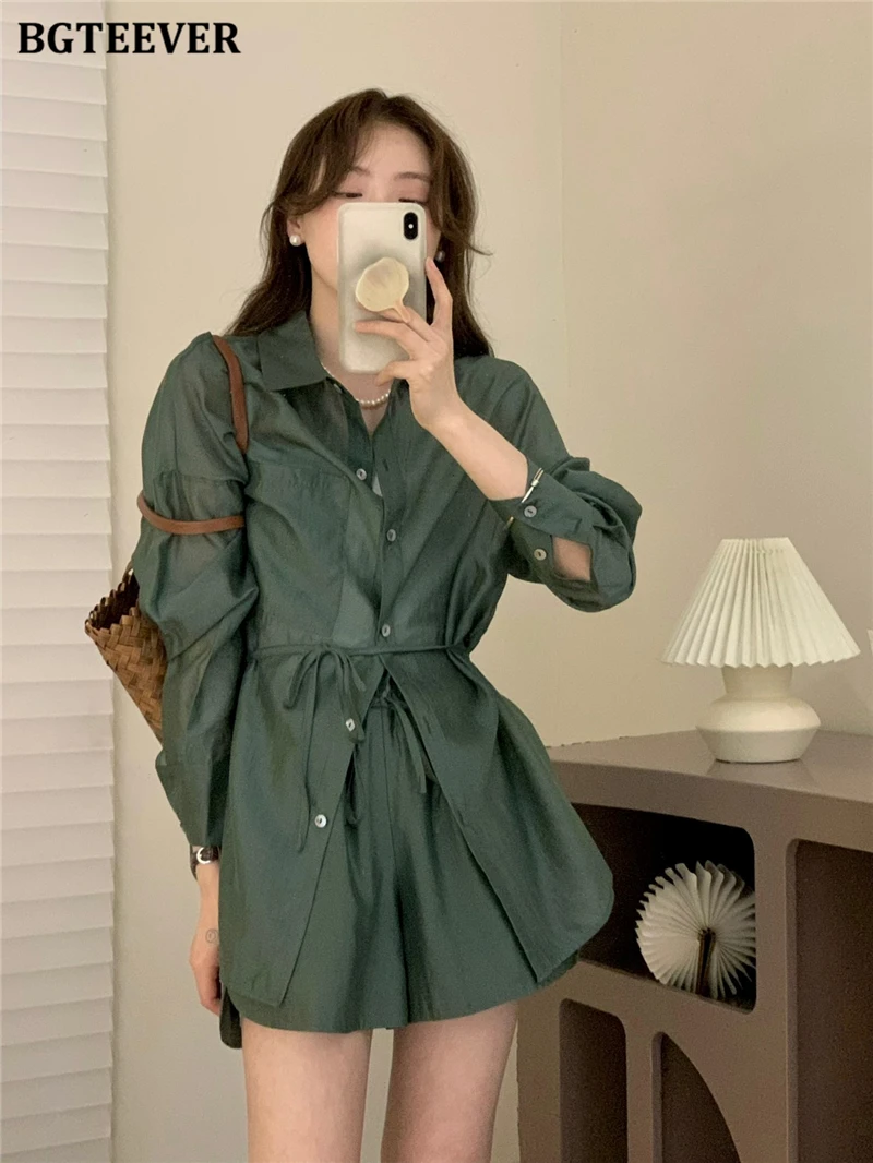 Sleeve Shirts with Elastic Waist Shorts Set