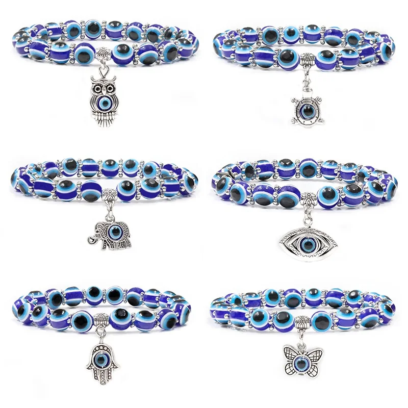 Blue Eye Amulet Beaded Bracelet Resin Evil Eye Bracelet Turtle Owl Elephant Butterfly Charm Hand Chain Men Fashion Jewelry Gift