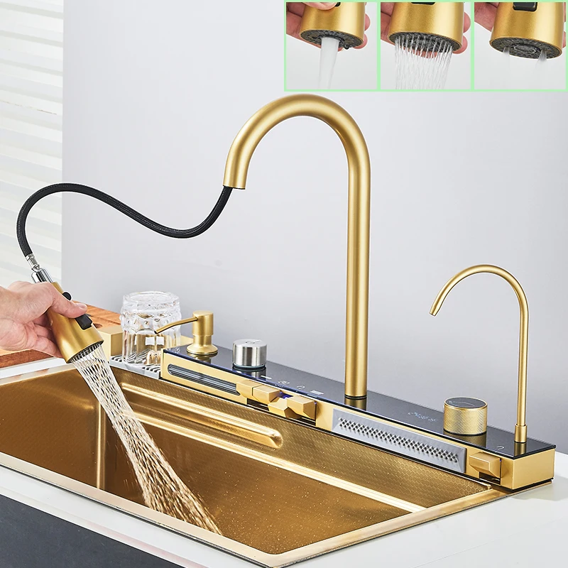 Stainless Steel Kitchen Sink Golden Smart Digital Display Integrated Kitchen Sink Set Multi-functional Wash Basin 3