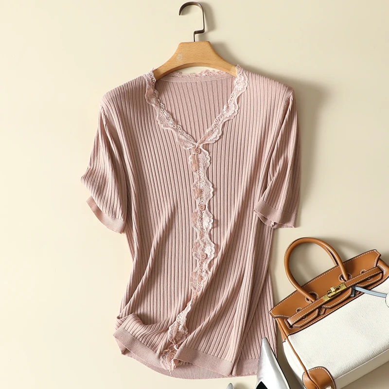 

Lightweight Lace Patchwork Knitted Women T-Shirts Summer New Design V-Neck Slim Elegant Office Lady Outwear Tops