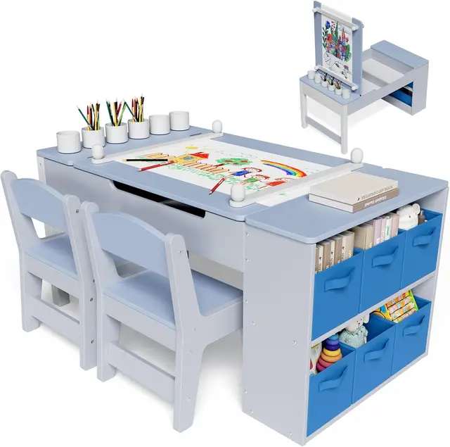 Table pour enfants avec 2 chaises, groupe de sièges pour enfants avec espace de rangement, table de peinture, bureau, table de jeu artisanale en bois 1
