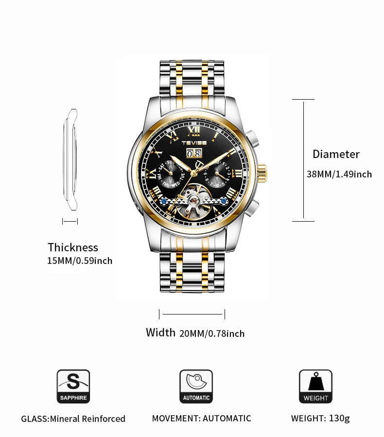 Tevise mechanical watch for man classic business design watches wrist mens Fashion luxury