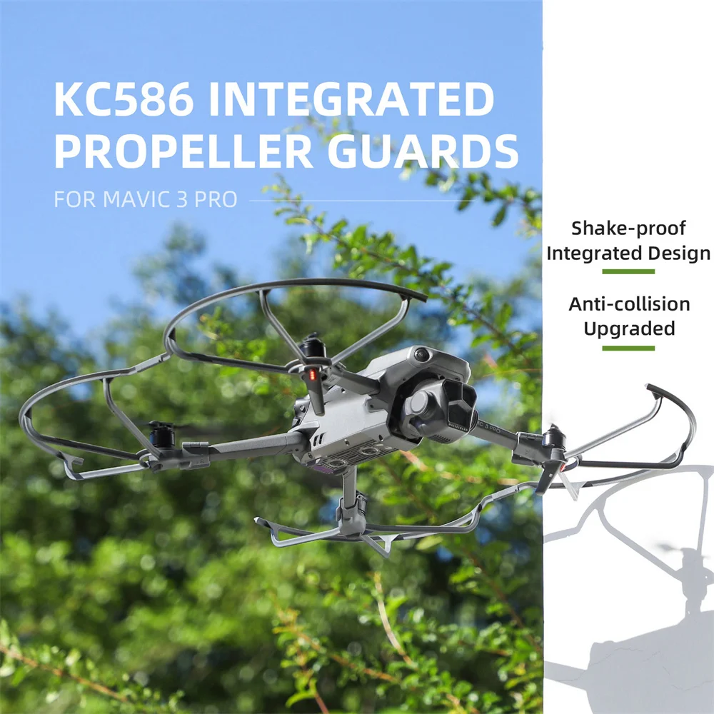 Drone DJI Mavic 3 Pro équipé de la protection d'hélice Sunnylife, vue latérale montrant la fixation sécurisée.