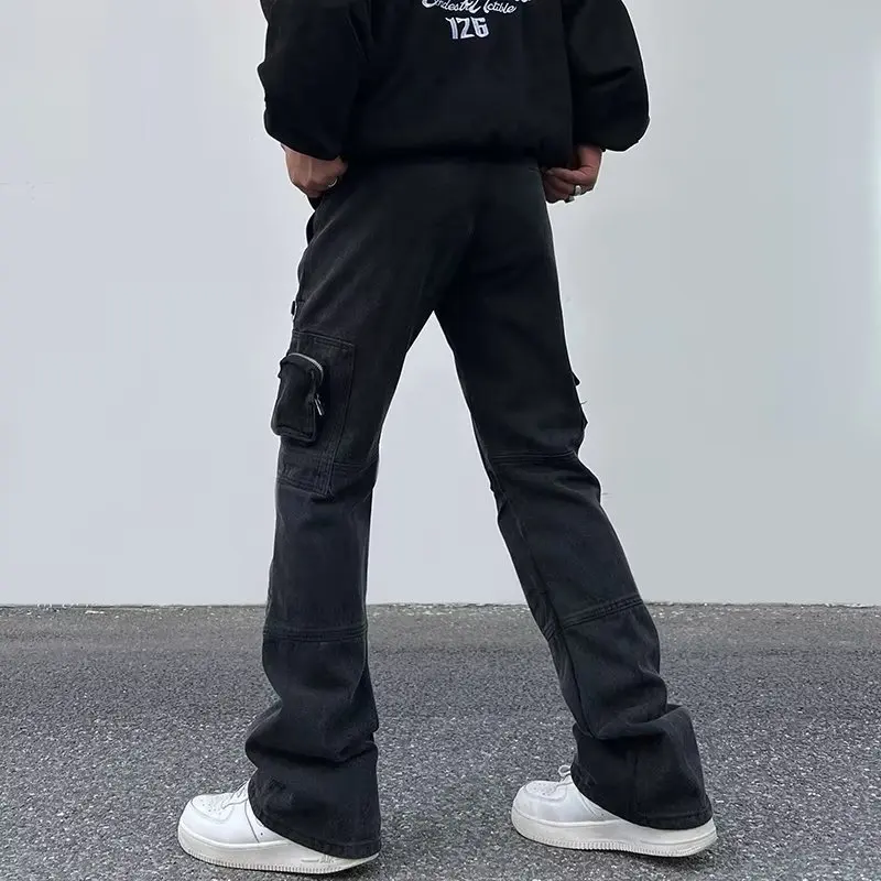 Four Seasons Men's Trendy American Style Multi Pockets Motorcycle Cargo Pants Washed Loose Straight Bootcut Jeans Trousers Male 2