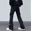 Four Seasons Men's Trendy American Style Multi Pockets Motorcycle Cargo Pants Washed Loose Straight Bootcut Jeans Trousers Male 2