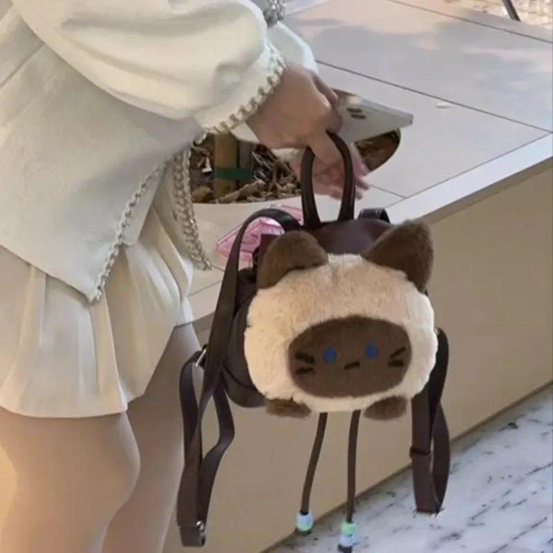 Xiuya Cute Cat Womens Backpack Small Fashion Contrast Color Small Plush Y2k Casual Backpacks Korean Style Female Kawaii Bag Sac