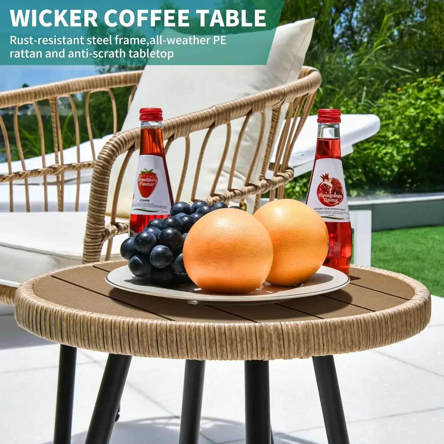 NEW-3 Pieces Outdoor Wicker Patio Conversation Bistro Set, All-Weather Rattan Patio Furniture Set with Table & Cushions