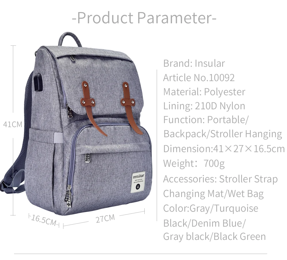 Insular Baby Diaper Bag with USB Interface Large Waterproof