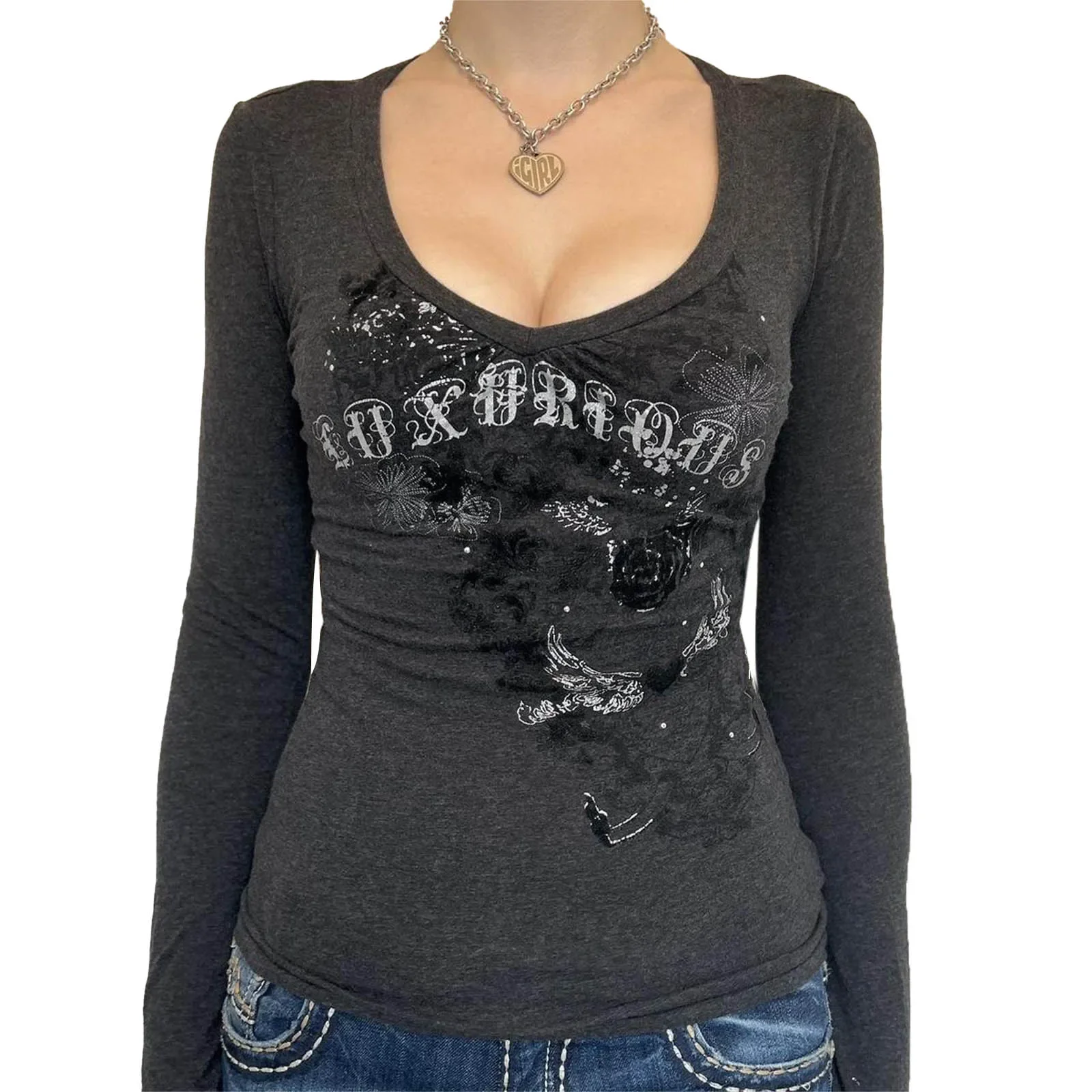 Camiseta feminina de manga comprida com estampa gótica, camiseta punk grunge, camiseta estética, primavera, camisas de outono, gráfico, Y2K