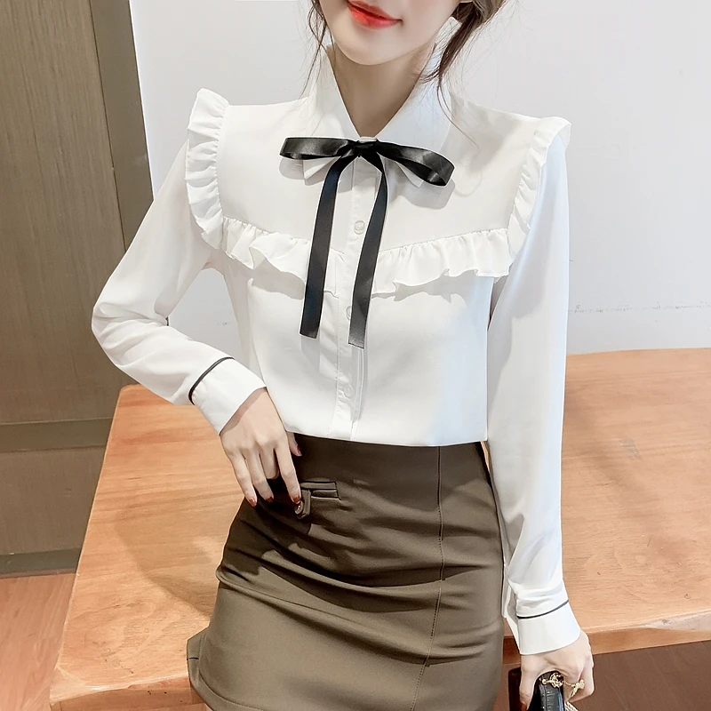 Women Blouse Korean Fashion New Ruffle Edge White Shirt Women Spliced Bow Tie Womens Tops Long Sleeved Chiffon Shirt for Women