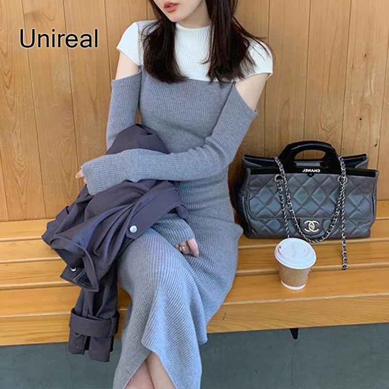 

Unireal 2022 Autumn Women Knitted Dress Long Sleeve Back Slit Hollow Out Elegant Lady Sexy Bodycon Sweater Pencil Dress