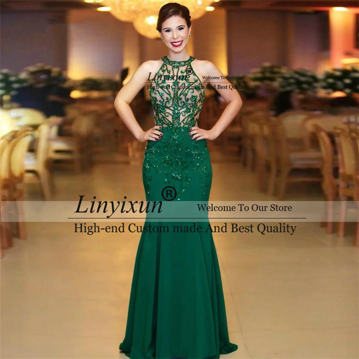 

Fashion Green Mermaid Prom Dress With Beading Halter Illusion Back Long Evening Party Gown Formal Court Train Robes de soiree