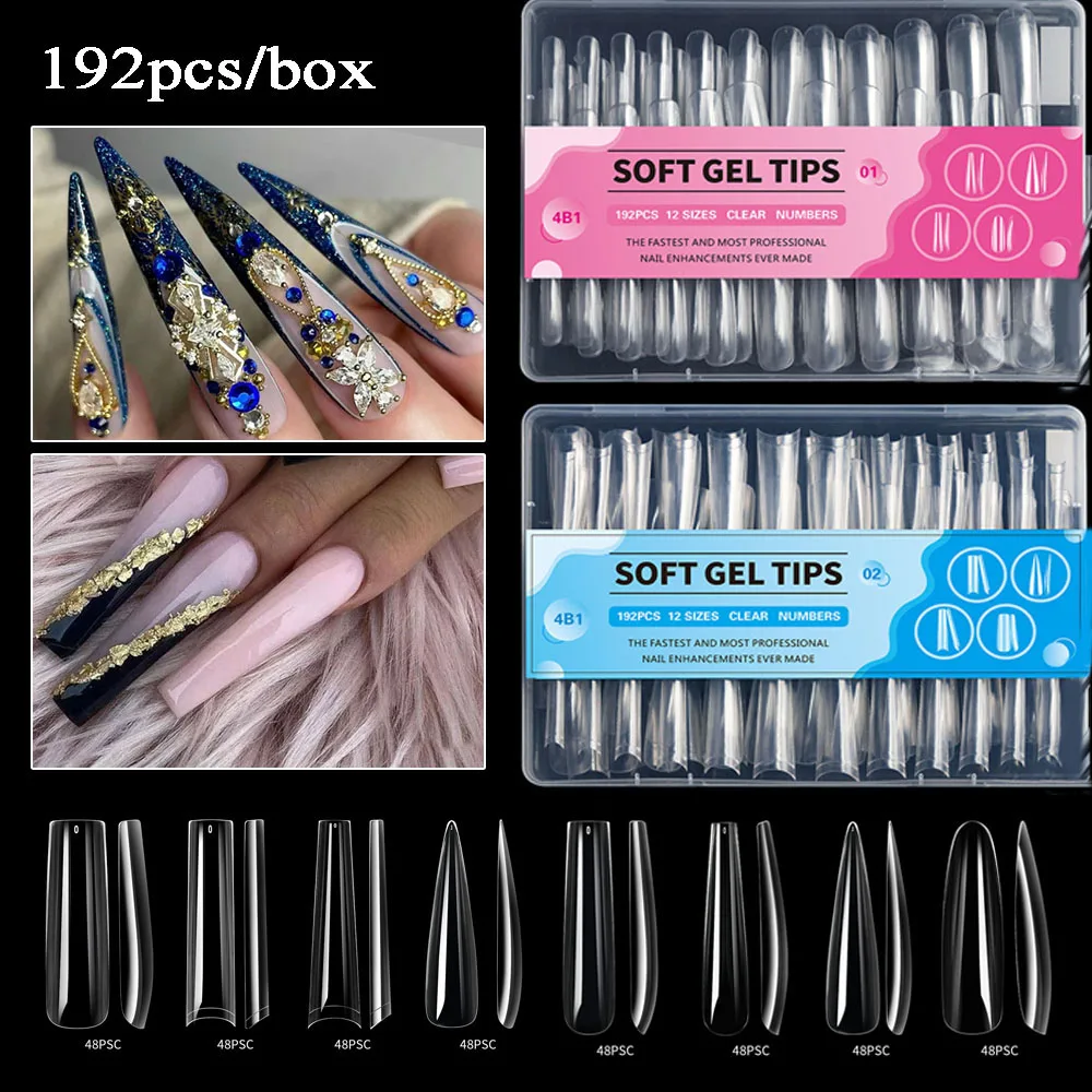 

192 шт., сверхдлинные прозрачные накладные ногти, полное покрытие, бесшовные нажимные ногти, быстрое наращивание, сантехнические ногти, искусственные ногти для маникюра