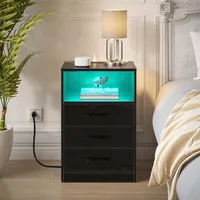 Nightstand with Wireless Charging Station and LED Lights, End Side Table with 3 Drawers and Open Compartment, Nightstand 1