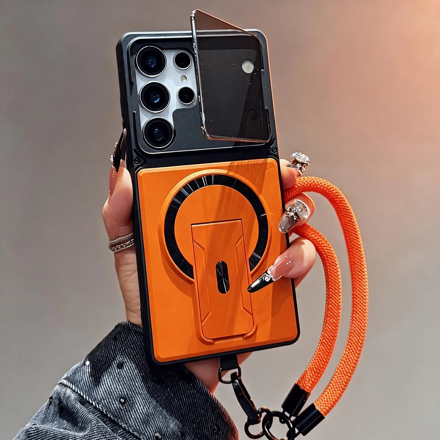 Magnetic Phone Case with Strap Lanyard, Lens Protection, and Dual Stand Features