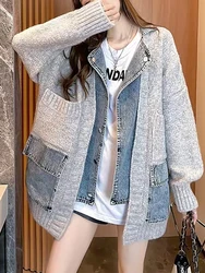 Cardigan Sweater Women Thick Fake Denim Coat Female Turn-Down Collar Outerwear Lady Patchwork Pockets Knitwear pull femme luxe