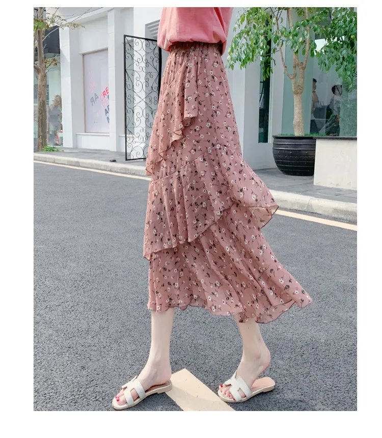 Summer Skirts Womens 2022 New Polka Dots Floral Print Chiffon Pleated Skirt Irregular Cake Skirt Casual Midi Skirt Women Clothes hoop skirt