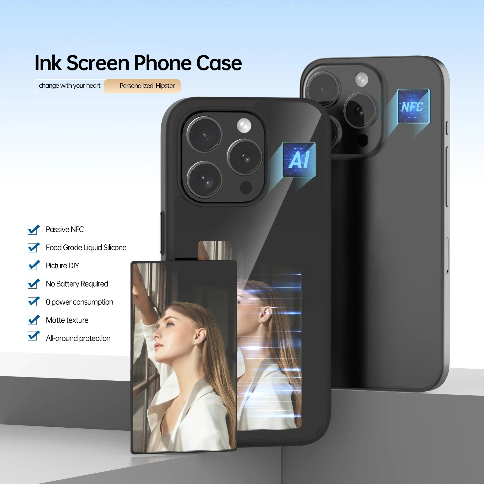 NFC E-ink Screen Phone Case For iPhone 13 14 15 Pro Max Smart  Refesh Photo Anime Character Team Leader Shockproof Phone Cover
