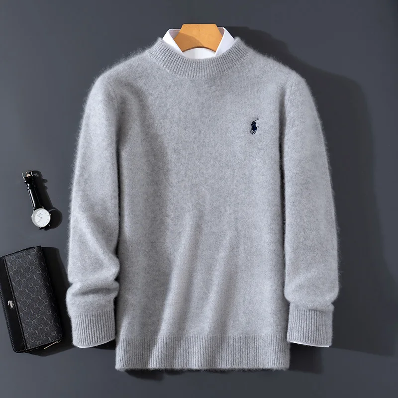 New autumn/winter men's round neck sweater casual knit pullover embroidered Jumper loose 100% Merino wool Tops basic versatile 2