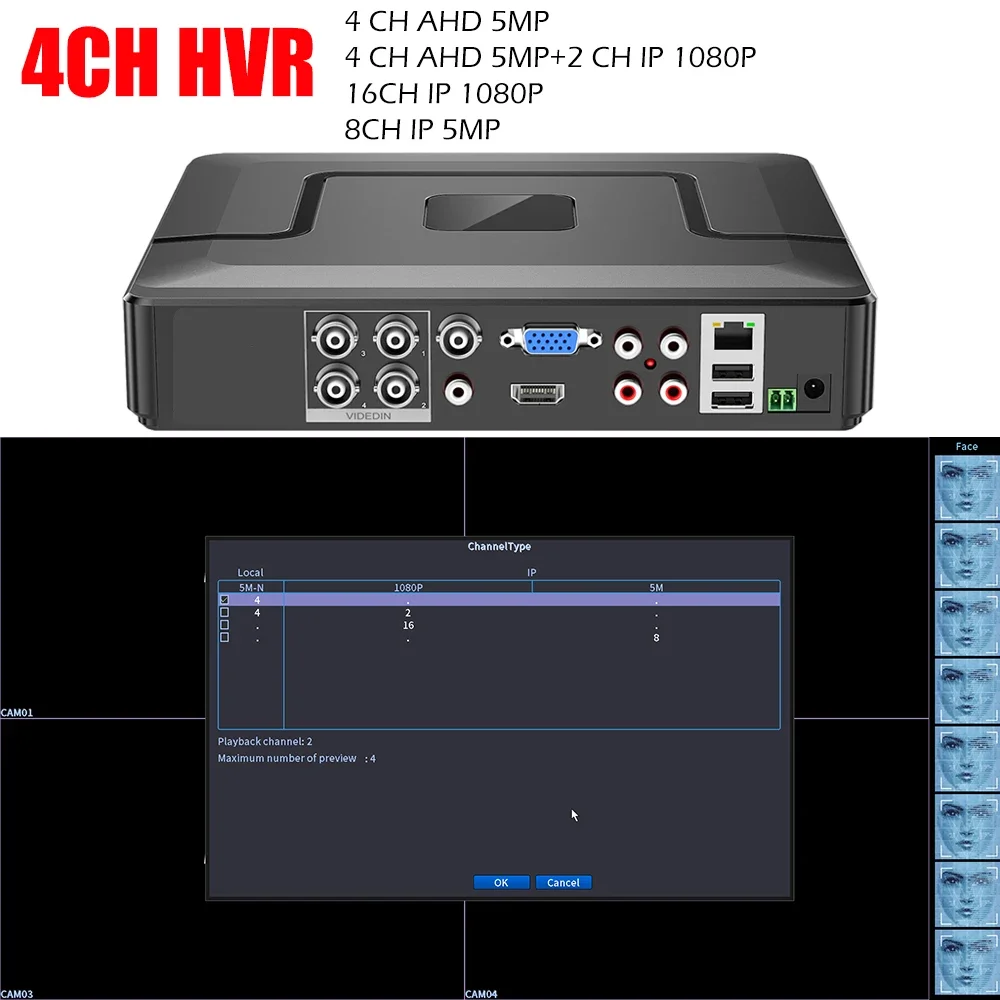 Network Video Recorder H.265 8CH/4CH 5M-N HVR Security Hard Drive CCTV Hybrid Video Recorder DVR P2P Support AHD/TVI/CVI/CVBS/IP cameras ONVIF NVR