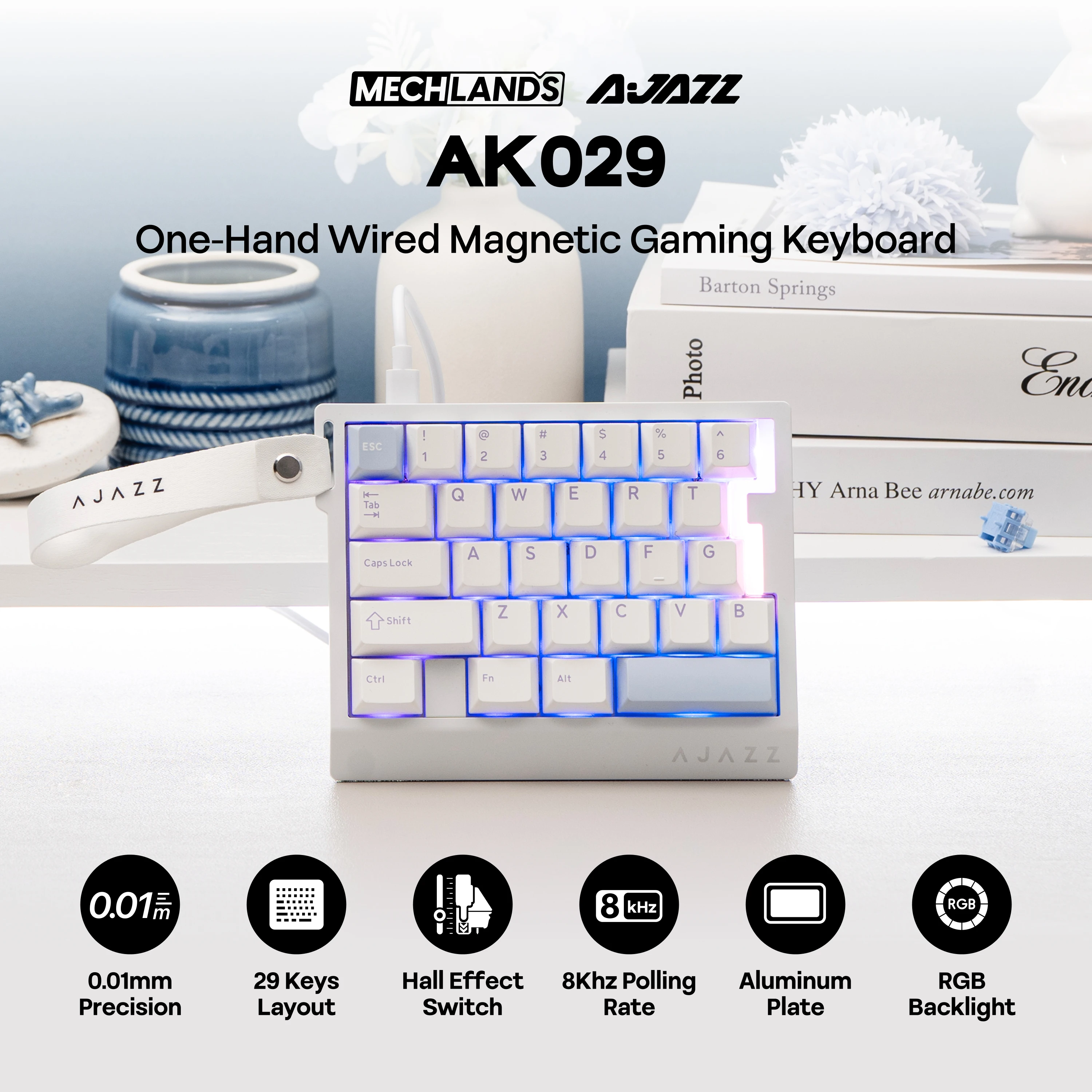 AJAZZ AK029 29키 레이아웃 고속 유선 한손용 홀 이펙트 마그네틱 게이밍 키보드 SOCD/DKS 8000Hz 폴링 및 128kHz