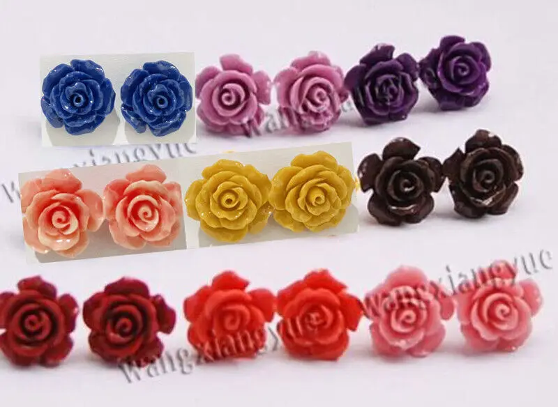 

Wholesale 9Pairs 9Color 15mm Sea Coral Carved Flower Earrings Silver Stud AAA