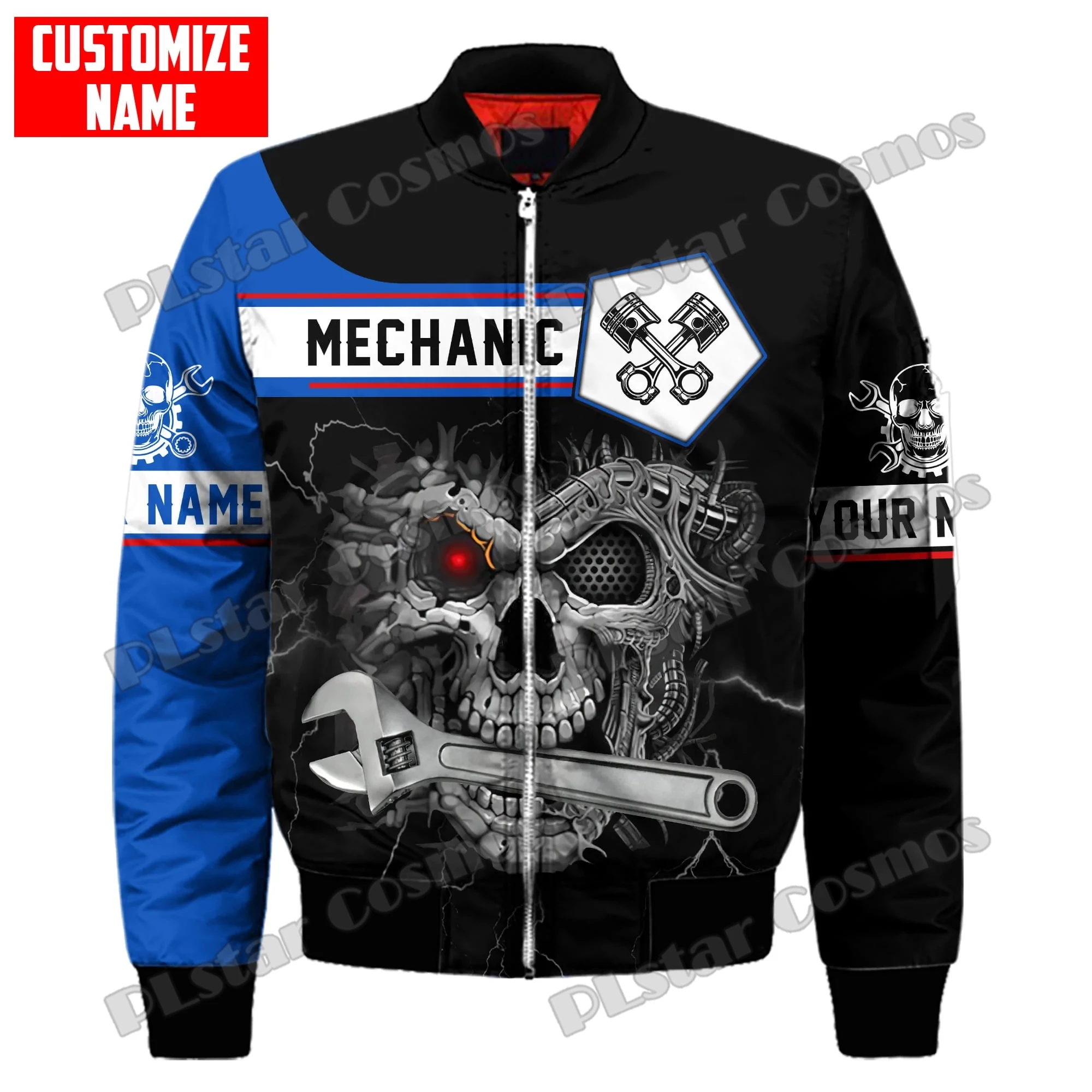 Personalisierter Name Mechaniker Totenkopf Muster 3D-gedruckte Herren Bomberjacke Winter Unisex Lässige warme dicke Reißverschlussjacke Mantel FX-23 – Detail 13