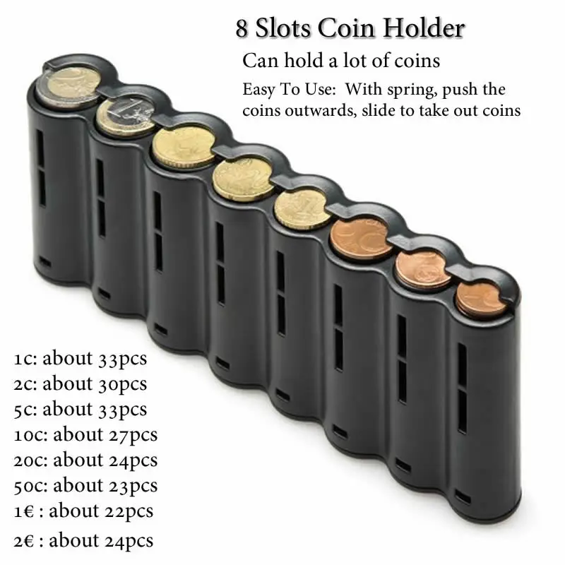 小物 DAILY COIN AND CARD HOLDER 8 Slots Euro Coin Holder Dispenser Black Coin Sorter Collector