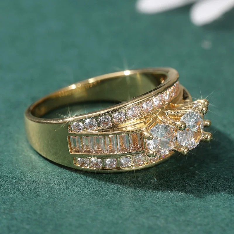 Gorgeous Three-Row Inlaid Synthetic Zirconia Engagement Ring for Women Fashion Sparkling Anniversary Wedding Jewelry Accessories - 6