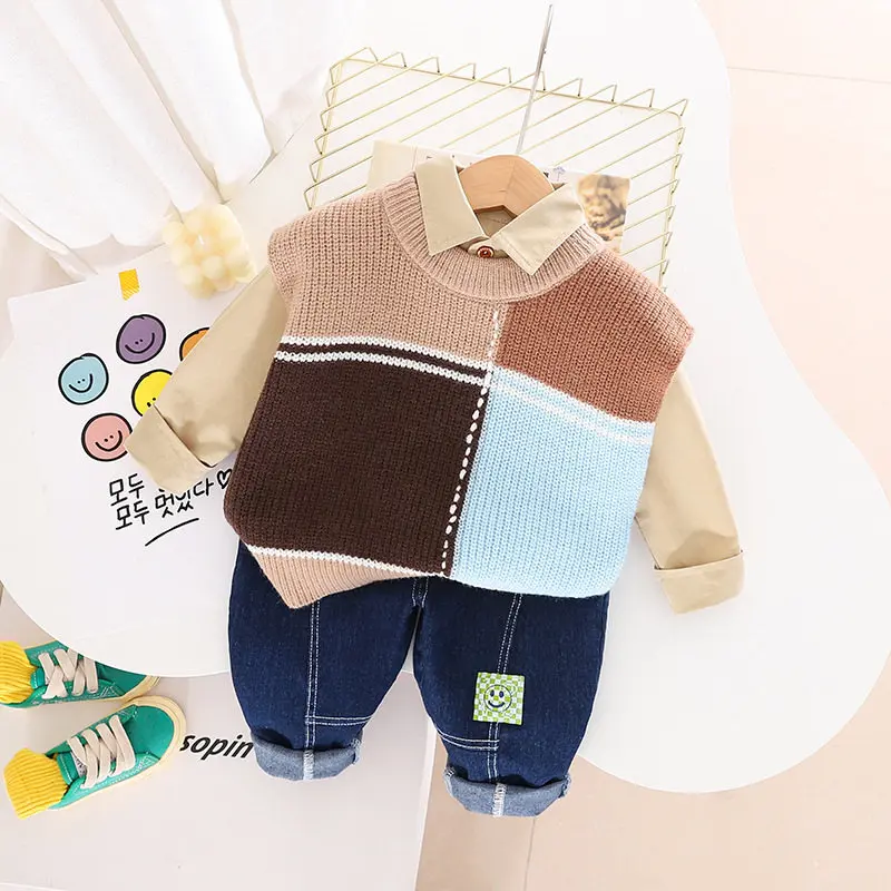 

Spring and Autumn New Children's Clothing Colorful Plaid Knitted Vest Polo Shirt Three Piece Set 1-5 Years Old
