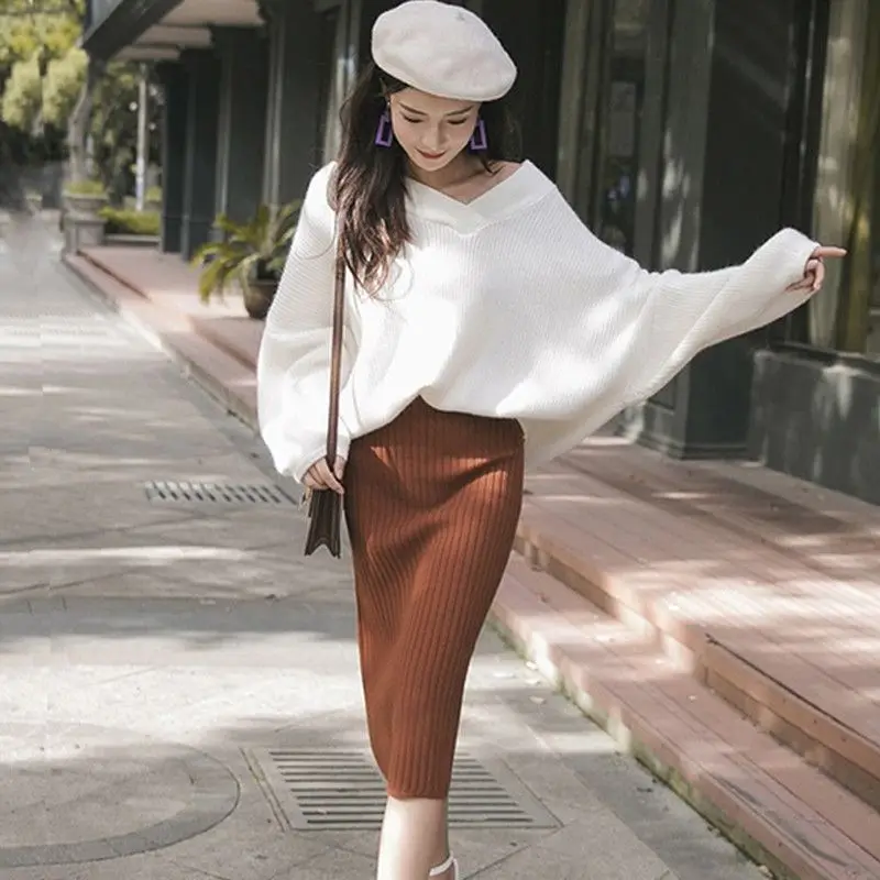Autumn Clothing for Women Korean V-Neck White Sweater Wrap Hip Skirt 1 or Two Piece Set Lady Graceful Knitwear Outfits 2023 New