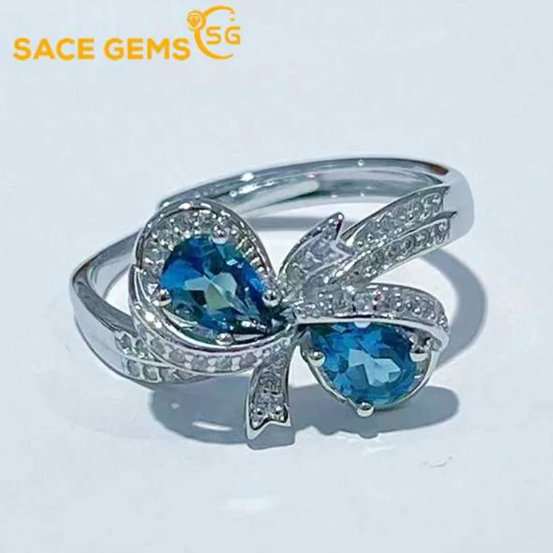 

SACE GEMS New Trend 925 Sterling Silver Raw 4*6MM Natual London Blue Topaz Rings for Women Engagement Cocktail Party Fine Jewelr