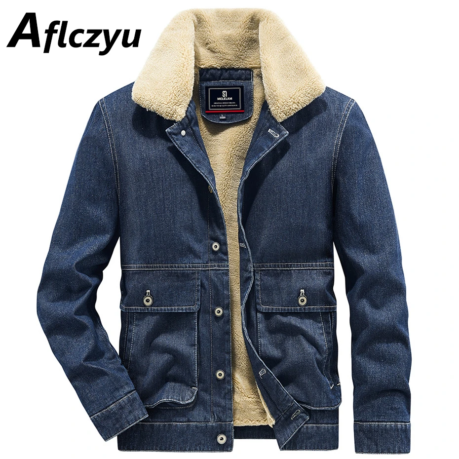 Fleece Denim Jacket Men Autumn Winter Thick Denim Coat Male Fashion Casual Jean Jackets Black