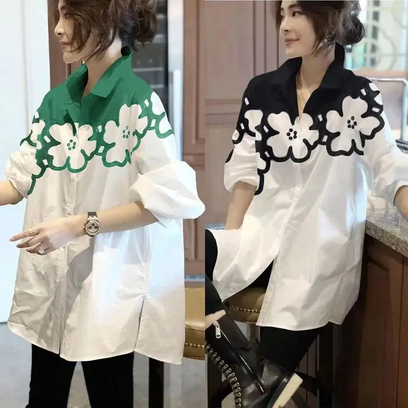 Fashion Printed Spliced Button Asymmetrical Shirts Women's Clothing 2023 Autumn Winter Loose Commuter Tops Casual Blouses