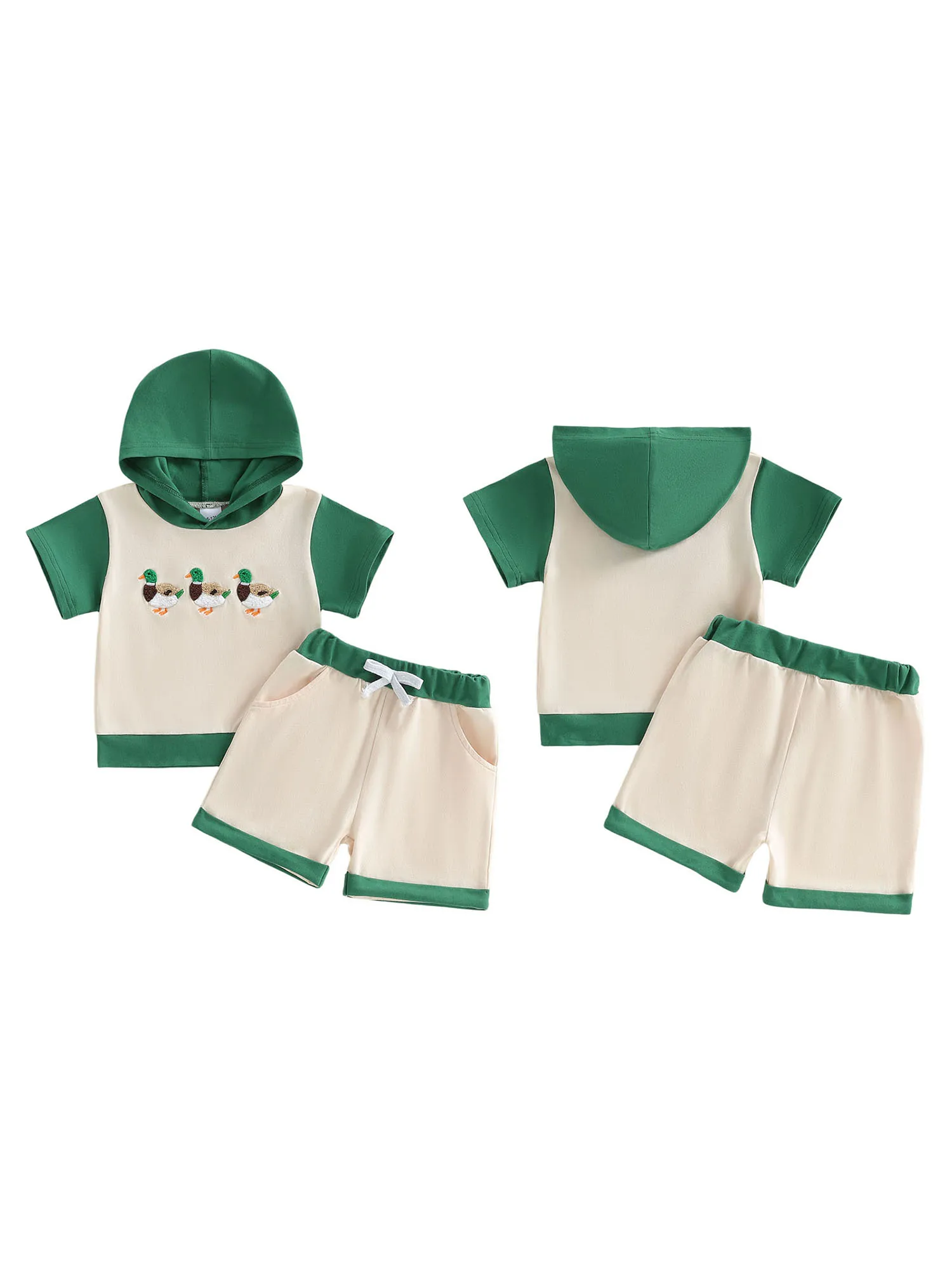 Adorable Infant Summer Clothes with Cute Bear Print Short Sleeve Hoodie and Matching Shorts 2 Piece Set for Babies