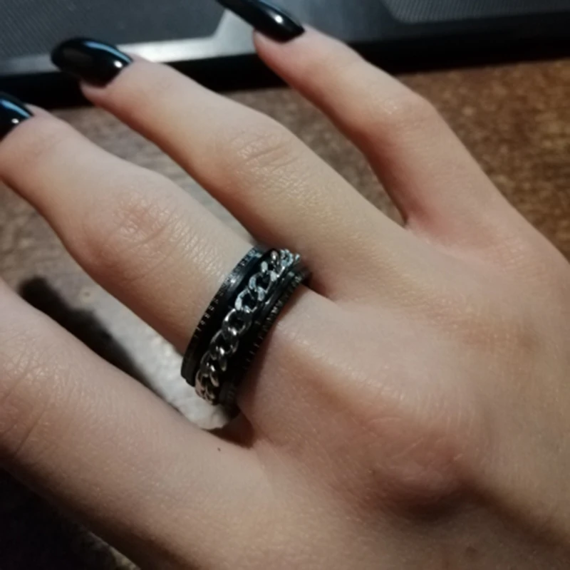 8MM Stainless Steel Spinner Ring Black Chain Rotatable Men Ring For Boy Girl Punk Jewelry Birthday Gift jewelry rings ring jewelry fidget rings