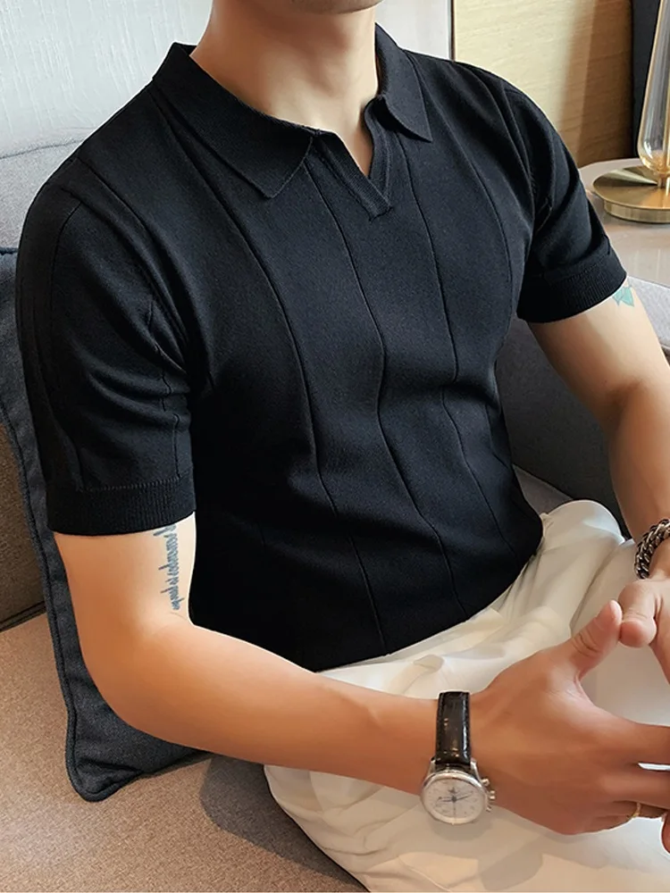 

Мужская деловая одежда 2024, роскошная трикотажная рубашка-поло, Повседневная однотонная мужская футболка-поло с V-образным вырезом и коротким рукавом, дышащая A43