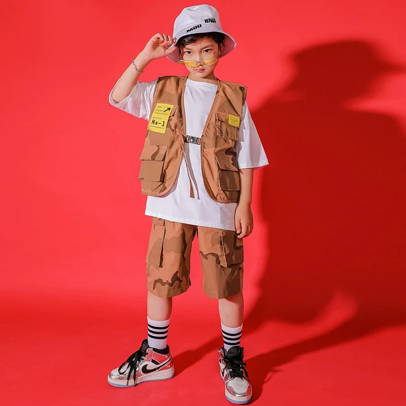 Fashion Kids Jazz Dance Costumes Loose Vest Camouflage Shorts Suit Girls Ballroom Hip Hop Dance Performance Clothing DQS11964