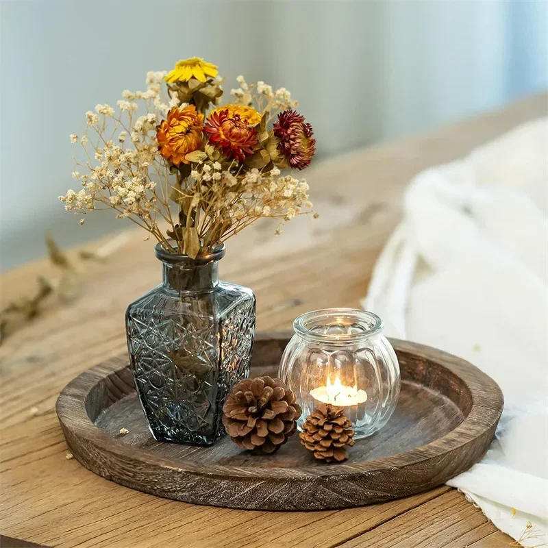 Decorative Wooden Serving Tray Rustic Round Wood Plate Vintage Centerpiece Candle Holder Tray Kitchen Countertop Ottoman